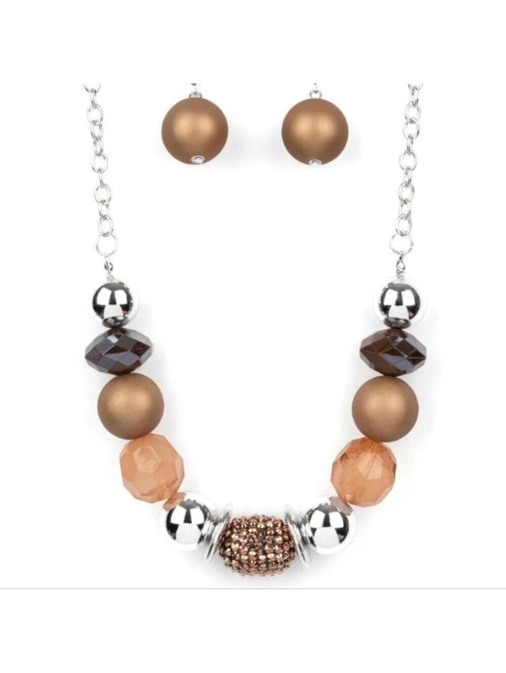 Paparazzi A Warm Welcome Brown Silver Tone Necklace 2 Piece Jewelry Set NWT